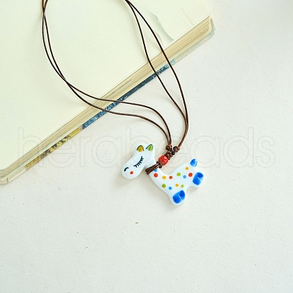 Porcelain Pendant Adjustable Imitation Leather Cord Necklaces for Women FS-WGE6687-06-1