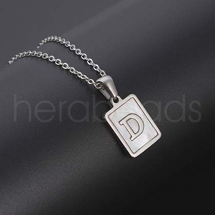 Rectangle Stainless Steel Pave Natural White Shell Pendant Necklaces FS-WG3D812-04-1