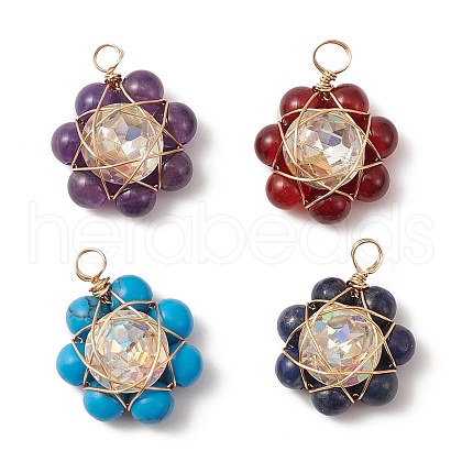 Natural & Synthetic Mixed Gemstone Flower Pendants PALLOY-JF02158-1