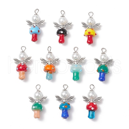 Handmade Lampwork Beads with Glass Pearl Round Bead Pendants PALLOY-MZ00696-1