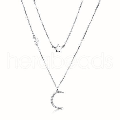 925 Sterling Silver Double Layer Cable Chain Moon Star Pendant Necklaces for Women UA7696-1-1