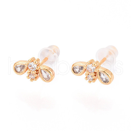 Bees Brass Micro Pave Clear Cubic Zirconia Stud Earrings EJEW-T047-43G-1