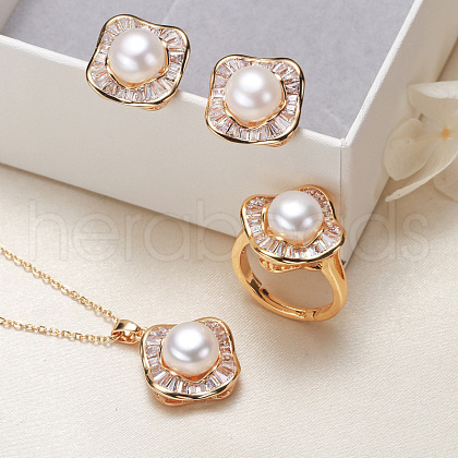 Mother's Day Jewellery Brass Micro Pave Clear Cubic Zirconia Pendant Necklaces & Stud Earrings & Rings Sets WG2C5C9-06-1