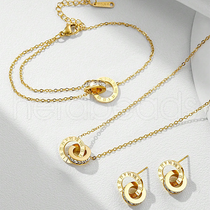 Double Ring with Roman Numerals 316 Surgical Stainless Steel Crystal Rhinestone Pendant Necklaces & Stud Dangle Earrings & Link Bracelets Sets FS-WG129E5-01-1