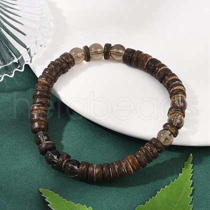 Natural Coconut Rondelle Beads Stretch Bracelets for Men BJEW-JB11635-02-1