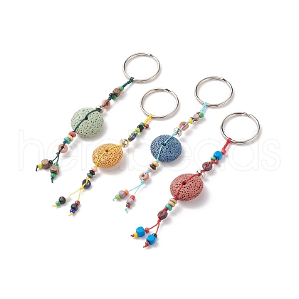 Flat Round Natural Lava Rock Beads Keychain KEYC-O011-08-1