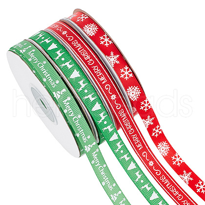 DELORIGIN 4 Rolls 4 Colors 25 Yards Christmas Theme Polyester Printed Ribbon OCOR-DR0001-09-1