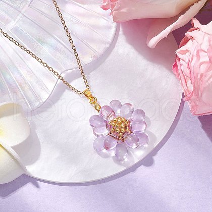 Flower Handmade Glass Seed Beaded Pendant Necklaces NJEW-MZ00096-02-1