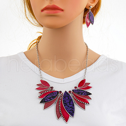 Leaf Alloy with Imitation Leather Pendant Necklace & Stud Dangle Earring FS-WGFF9DD-03-1