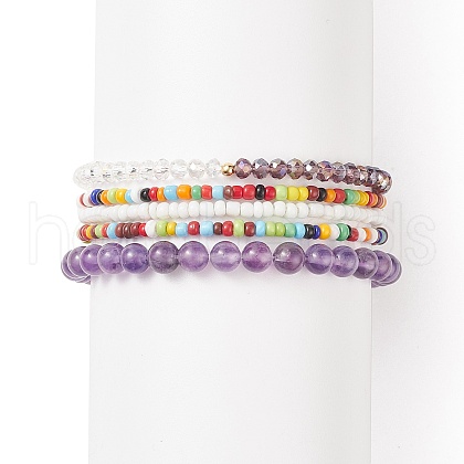 Faceted Glass & Natural Amethyst Stretch Beaded Bracelets Sets BJEW-TA00202-04-1