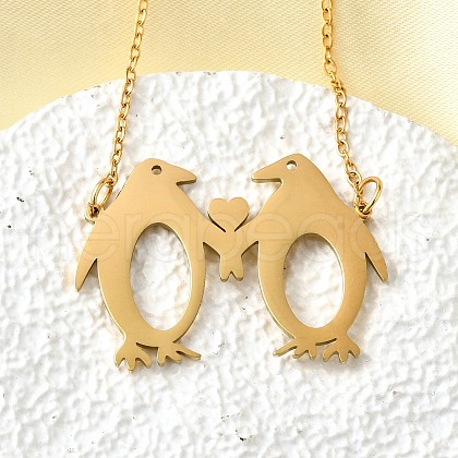 304 Stainless Steel Laser Cut Double Penguin Pendant Necklaces for Women Men NJEW-Q032-01A-G-1