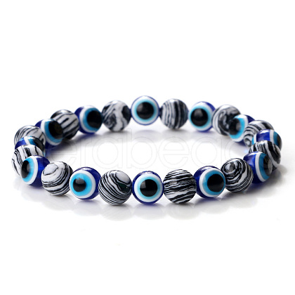Synthetic Malachite & Evil Eye Round Beaded Stretch Bracelets for Men EH2427-2-1
