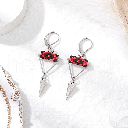 Triangle with Eye Brass Glass Seed Beaded Leverback Earrings EJEW-MZ00452-02-1