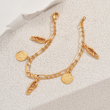 Fashionable Vintage Brass Coin & Embroidered Shoes Charm Bracelets YO5968-1