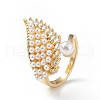 Clear Cubic Zirconia Wing Open Cuff Ring with Plastic Pearl Beaded RJEW-F139-01G-1
