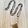 Natural Indian Agate Mala Prayer Round Beaded Wrap Necklaces with Long Tassel and Metal Tree of Life FS-WG93CBE-01-1