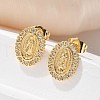 Oval with Virgin Mary Brass Micro Pave Clear Cubic Zirconia Stud Earrings EJEW-D305-10G-5