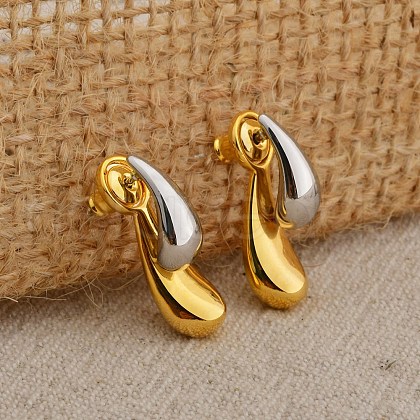 Two Tone Teardrop Brass Stud Earrings for Women EJEW-U055-04GS-1