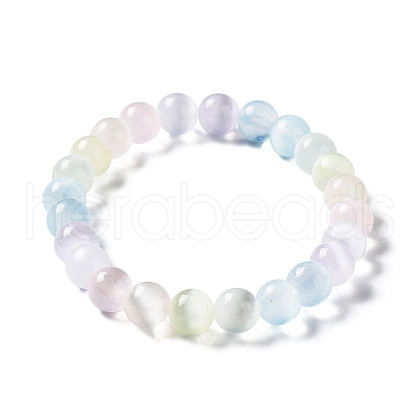 Macaron Color Dyed Natural Selenite Round Beaded Stretch Bracelet BJEW-D024-01-1