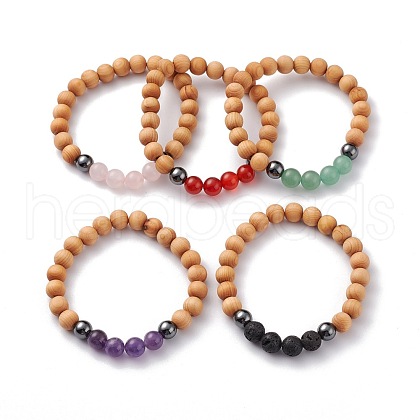 Natural Wood Beads Stretch Bracelets BJEW-JB06516-1
