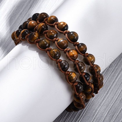 Natural Tiger Eye Round Beaded Multi-strand Bracelets for Men Women BJEW-G743-02B-1