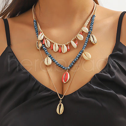 Summer Beach Natural Cowrie Shell & Glass & Alloy Pendant 3 Layered Neckalces for Women FS-WGA7A0B-03-1