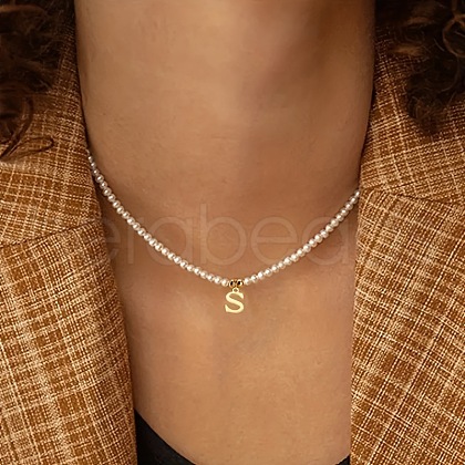 Alloy Initial Pendant White Round Imitation Pearl Beaded Necklaces for Women WG5A9DE-19-1