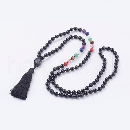 Natural Dyed & Heated Black Agate Tassel Pendant Necklaces NJEW-P193-B01-1