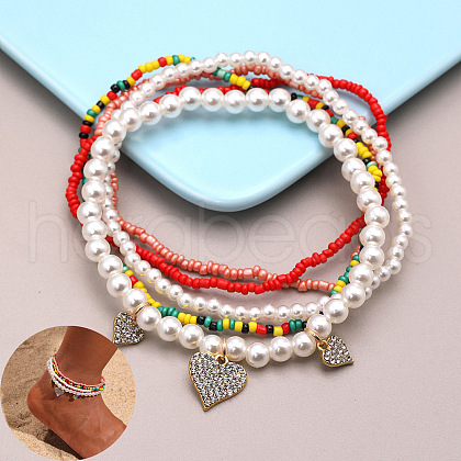 Bohemian Resin & Glass Seed Beaded Stretch Multi-Layered Anklet Sets WG187EB-06-1