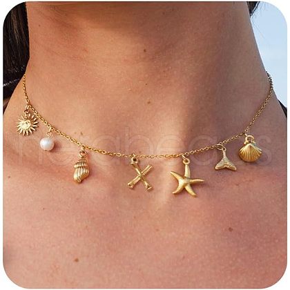 Summer Brass Initial Letter Starfish Shell Shaped Pendant Bib Necklaces for Women FS-WGBCAD2-08-1
