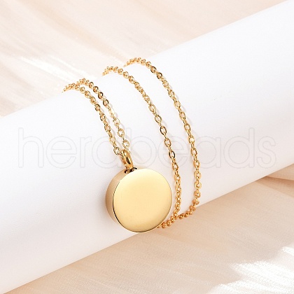 304 Stainless Steel Flat Round Pendant Pet Urn Ashes Necklaces NJEW-S455-01G-1