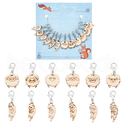 12Pcs 12 Style Cat & Sheep Wood Pendant Stitch Markers HJEW-AB00655-1