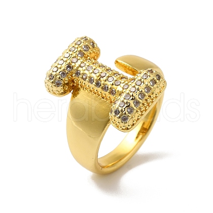 Letter Brass Micro Pave Clear Cubic Zirconia Open Cuff Ring for Women RJEW-N046-03I-G-1