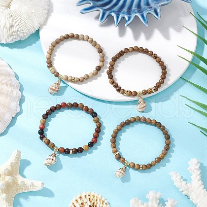 4Pcs Wood Round Bead Charm Bracelets for Women BJEW-JB11646-1