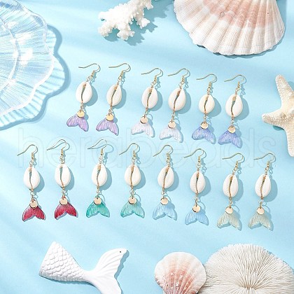7 Pairs Natural Cowrie Shell Glass Dangle Earrings EJEW-JE06385-1
