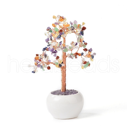 Mother's Day Natural Gemstone Chips with Brass Wrapped Wire Money Tree on Ceramic Vase Display Decorations DJEW-B007-02F-1