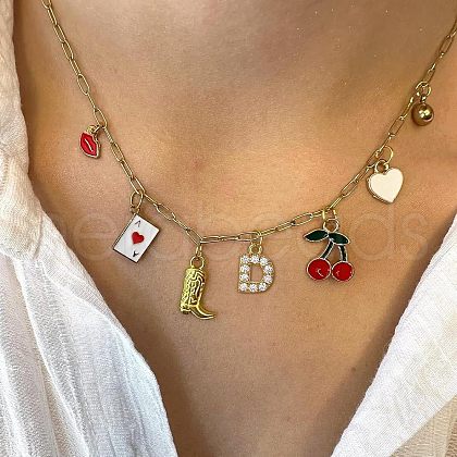Boot Playing Card Red Cherry White Heart Initial Brass Enamel with Crystal Rhinestone Pendant Necklaces FS-WGDC4DD-04-1