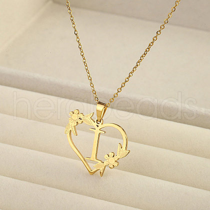 201 Stainless Steel Flower Heart Initial Pendant Necklaces for Women FS-WG08285-02-1