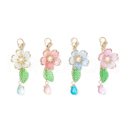 Acrylic Flower & Glass Teardrop Pendant Decoration HJEW-TA00340-1