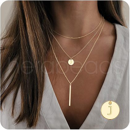 3Pcs Simple Style Brass Coin Letter Rectangle Pendant 3 Layer Necklaces FS-WG4BDA4-48-1