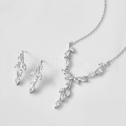 Leaf Brass Clear Cubic Zirconia Pendant Necklace & Stud Earrings Sets FS-WG2ED9F-01-1