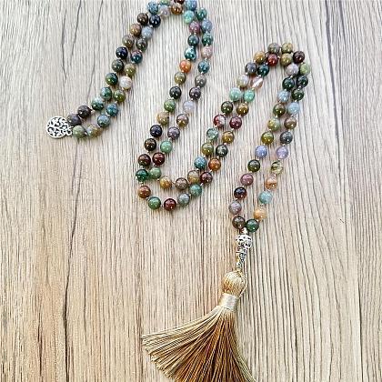 Natural Indian Agate Mala Prayer Round Beaded Wrap Necklaces with Long Tassel and Metal Tree of Life FS-WG93CBE-01-1