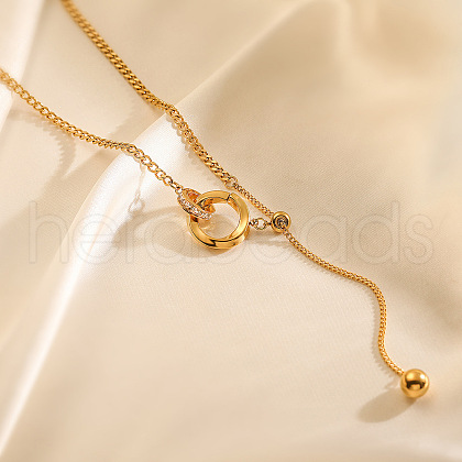 304 Stainless Steel Micro Pave Clear Cubic Zirconia Ring Pendant Twisted Chain Lariat Necklaces NJEW-P318-01G-1