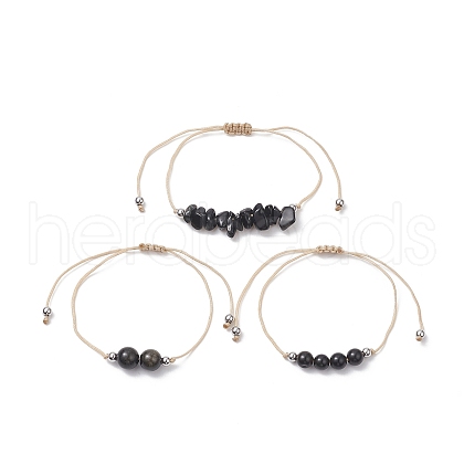 3Pcs 3 Style Natural Obsidian Braided Bead Bracelets Set BJEW-JB09334-03-1