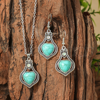 Bohemian Style Zinc Alloy & Synthetic Turquoise Pendant Necklaces & Dangle Earrings Sets WG40DB6-09-1