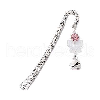 Mother's Day Theme Alloy Heart Pendant Bookmarks with Acrylic Butterfly AJEW-JK00254-1
