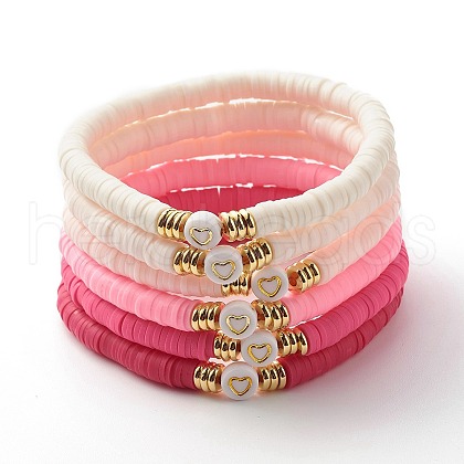 Handmade Polymer Clay Heishi Beads Stretch Bracelets Set with Heart Pattern Beads for Women BJEW-JB07449-1