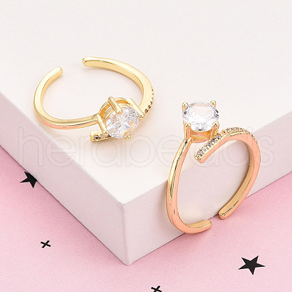 Brass Micro Pave Clear Cubic Zirconia Cuff Rings for Women KK-T074-10G-1