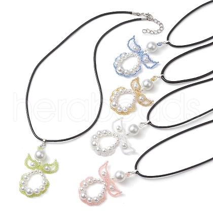 Glass Seed Beads & Shell Pearl Angel Pendant Necklaces NJEW-MZ00051-1