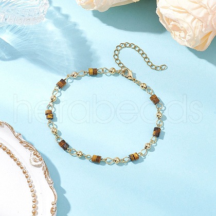 Brass Natural Tiger Eye Link Bracelets for Women BJEW-JB11683-07-1